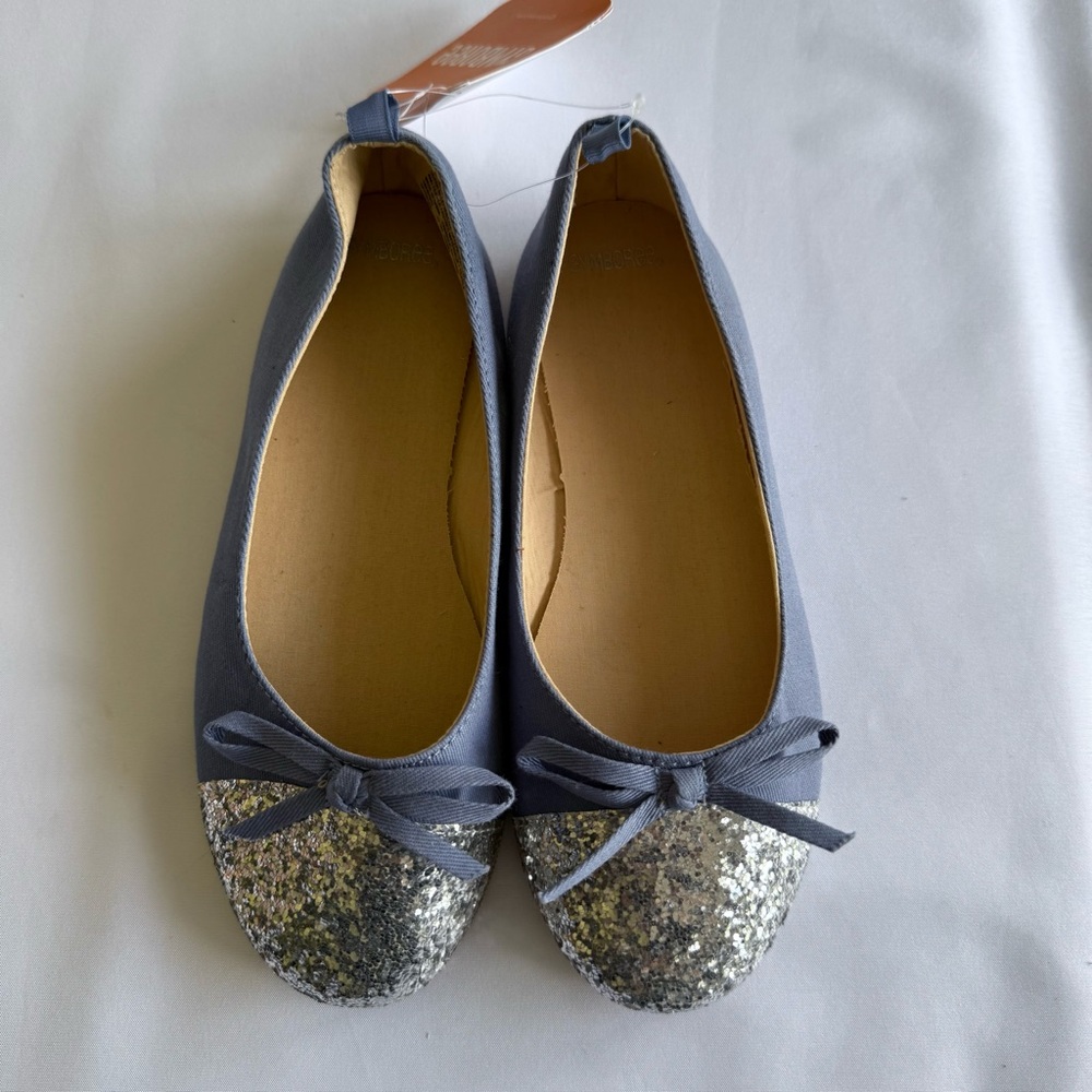 Gymboree NWT - Girls Blue Silver Sparkle Denim Glitter Ballet Bow Flats - Size 1